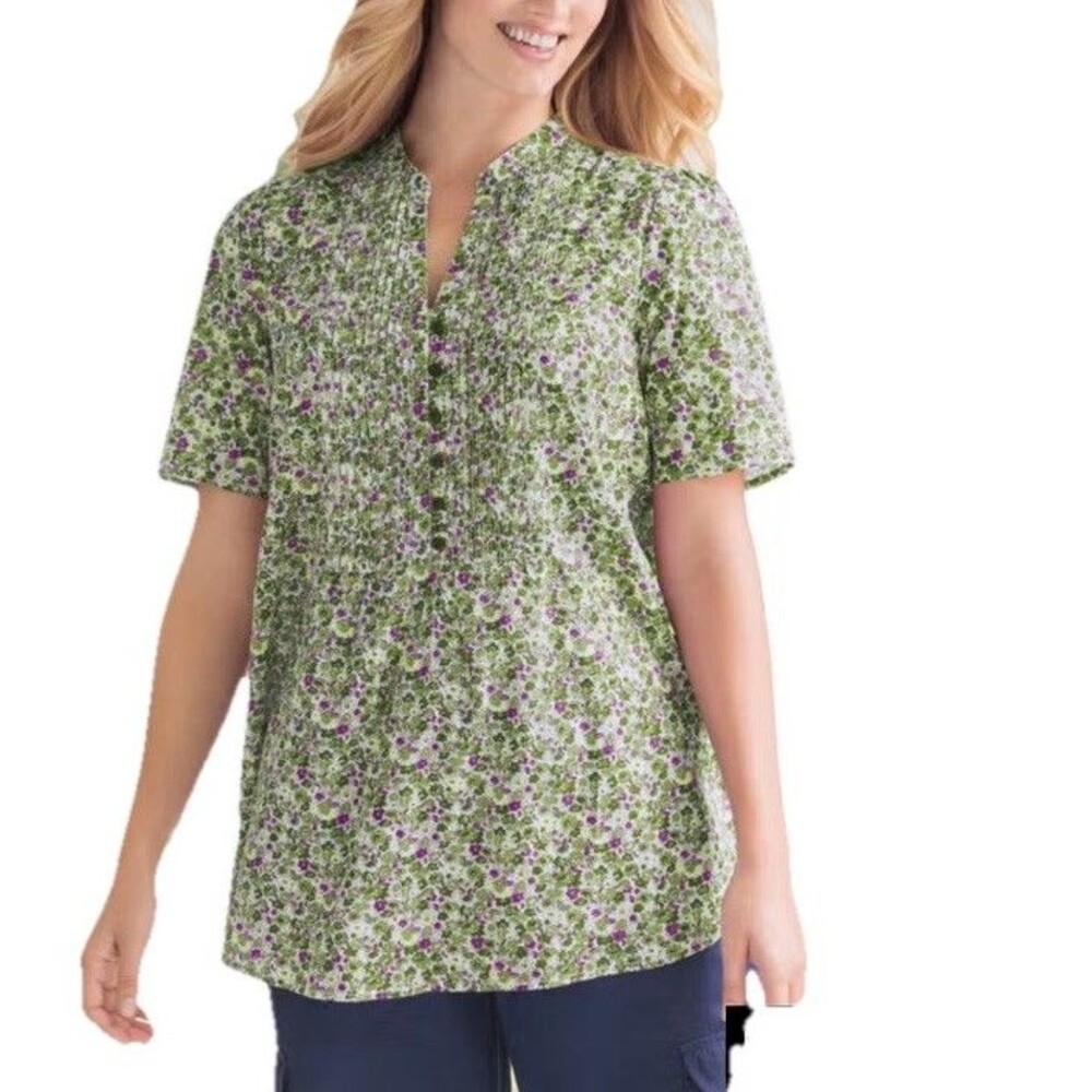 Woman Within Plus Size Pintucked Half-Button Tunic Green Floral 3x